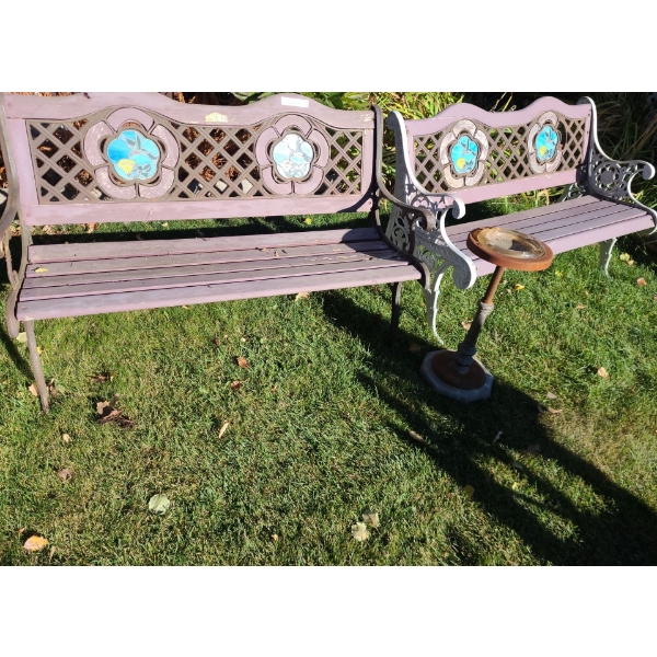 Pair of Wood and Metal Benches w Hummingbird Motifs 50 w 23 d 32 h & Vintage Ashtray 24 h