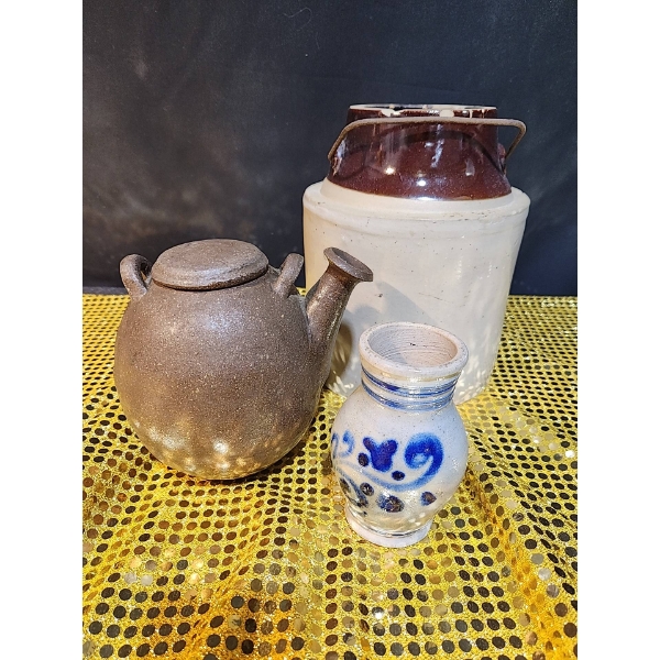 Brown Jug, Cast Teapot, and Painted Vase