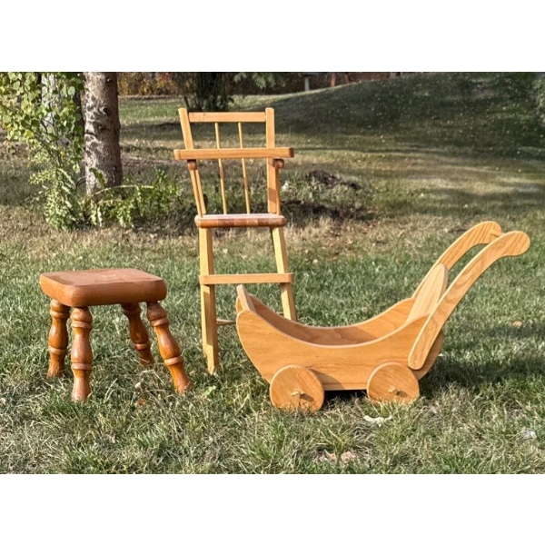 Collectible Doll Accessories - Hand Carved Baby Stroller High Chair 25T & Spindle Stool 