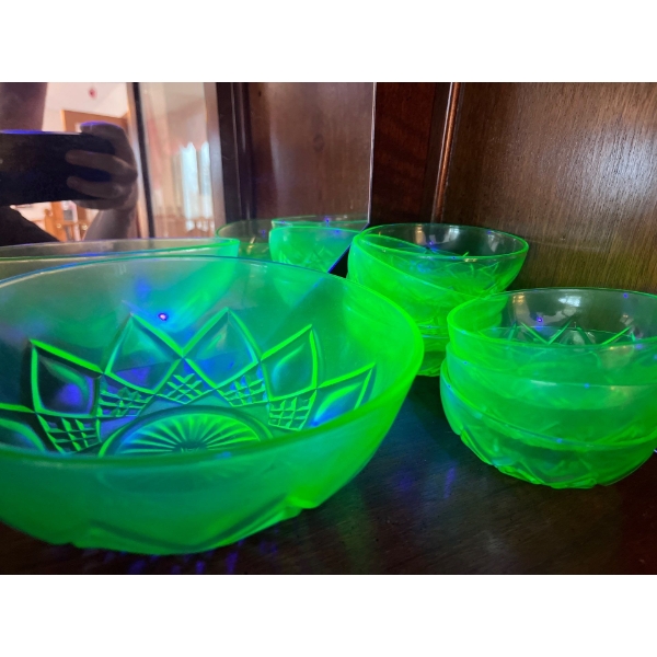 green uranium glass, large bowl and seven small bowls