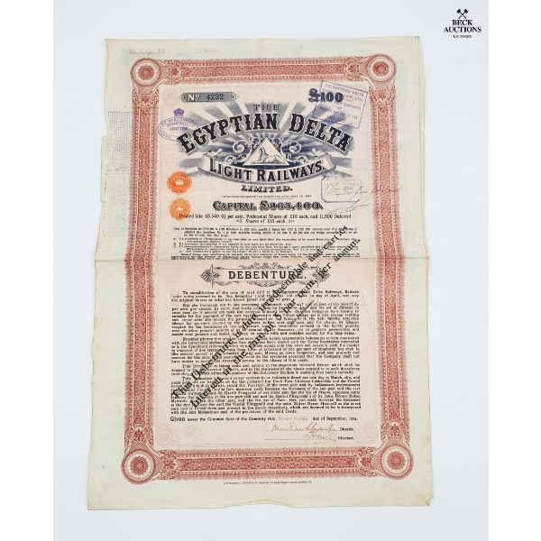 Collectible £100 Debenture Certificate Issued By The Egyptian Delta Light Railways Limited In 1904