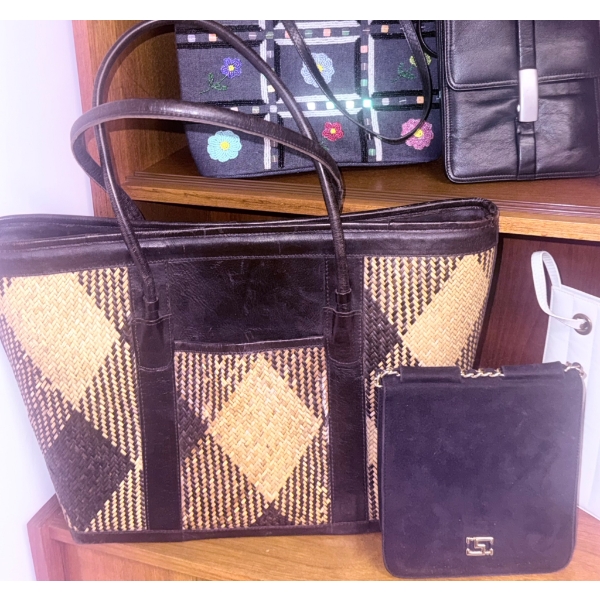 Seven Handbags, Including Straw Tote, Beaded Clutches, Leather, and Fabric Styles