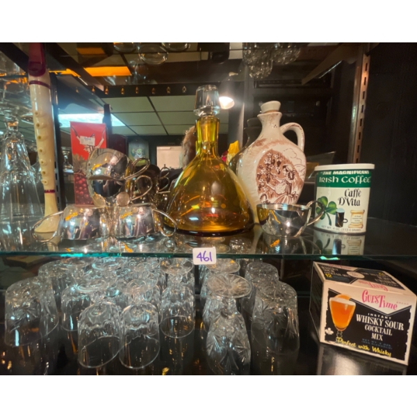 Amber Colored Liquor Decanter w/ Metallic Cups Crystal Stemware Collection & More