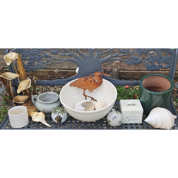 Garden Decor With Metal Fountain, Ceramic Planters, Ornaments, Shells