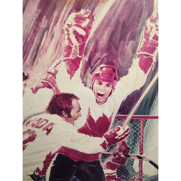 Hockey Artwork Depicting Celebratory Moment with Players in White and Red