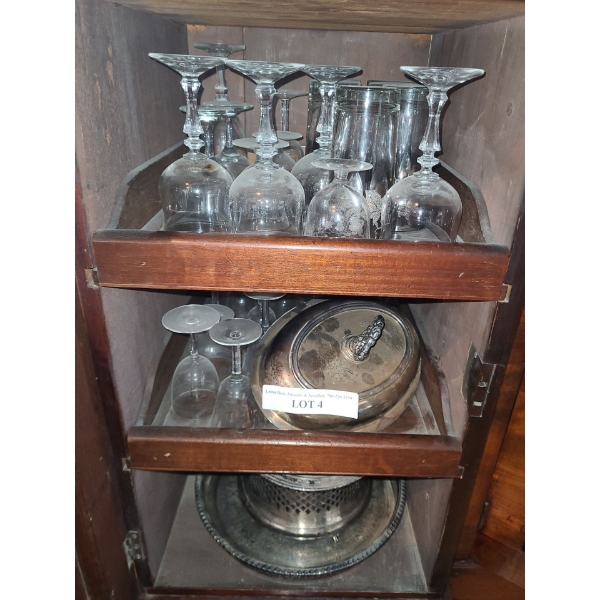 Asst Crystal & Wine Glasses, Silver Plated Tea Set, Platters and more