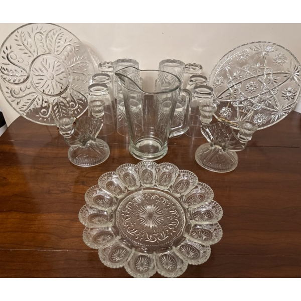 Variety Of Vintage Pressed Glass Serving ware- Deviled Egg Plate, Pitcher & Glasses