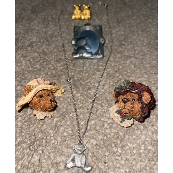 Teddy Bears Jewelry  Necklace, Two Bear Pins, Picture Frame & More