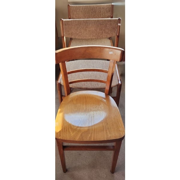 Trio of Chairs: Wooden Chair 15 W, 15 D, 30 T and Two Chairs w/ Upholstered Seats 19 W, 16 D, 31 T 