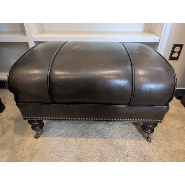 Chocolate Genuine Leather Ottoman With Nailhead Trim and Wooden Turned Legs