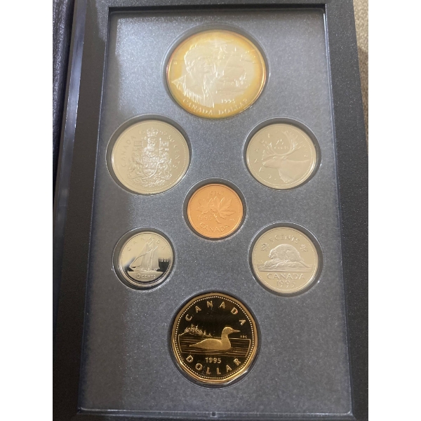 1995 Royal Canadian Mint Proof Set with 7 Coins, Including Gold-Plated Dollar