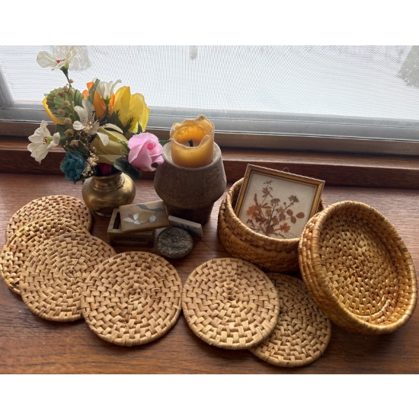 Woven Coasters in Lidded Basket Mini Brass Vase Flower Pedal Art Decorative Stones & More