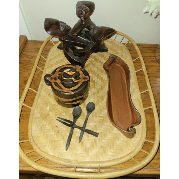 African Decor Collection - Hand Carved People Puzzle w/ Teapot Bamboo Tray & More