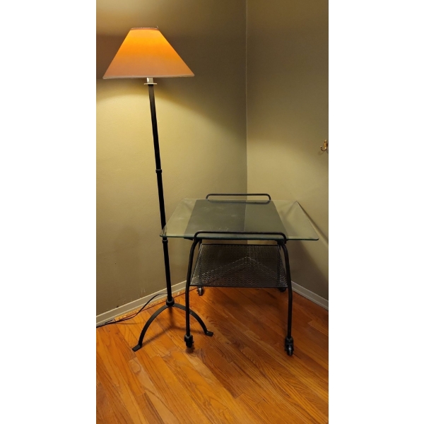 Iron Home Furnishings & Decor - 5ft Floor Lamp w/ 2 Tiered End Table on Casters 24T
