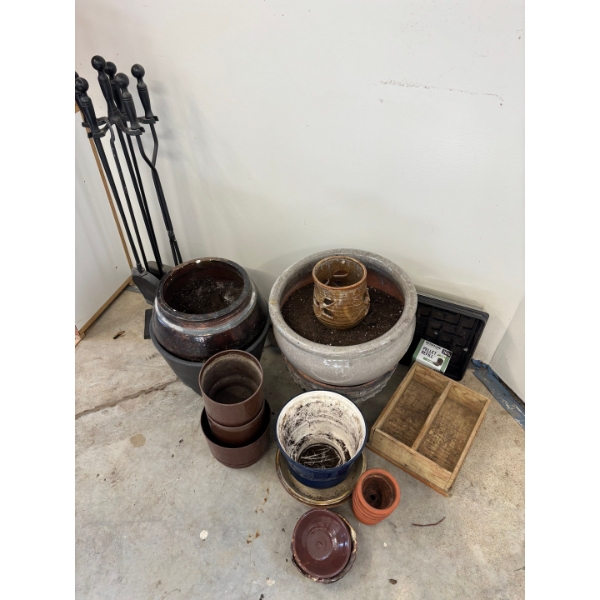 Plant pots, including ceramic and plastic ready for new plants & fireplace cast-iron cleaning set