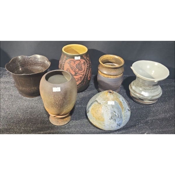 Assorted Pottery: With Bird Motifs 4" Top, 7 T, Brown w/ Tapered Bottom 4.5" Top, 7.5 T 