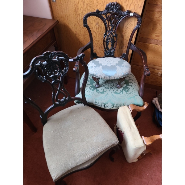 2x Wood Arm Chairs (1 Seat Missing- 35 T, 21 L, 18 W) and 2 x Side Chair 35 T, 17 L, 16 W