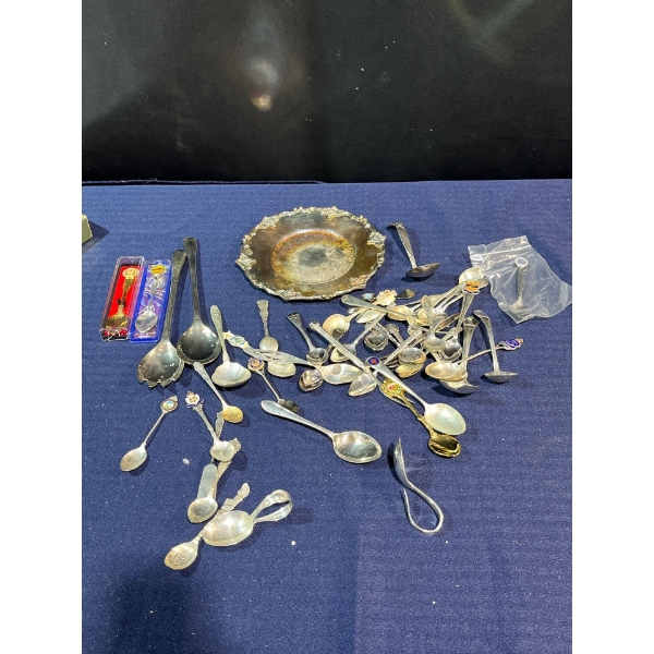 Souvenir Spoons and Tray - Includes a few Plated and Sterling Silver Spoons