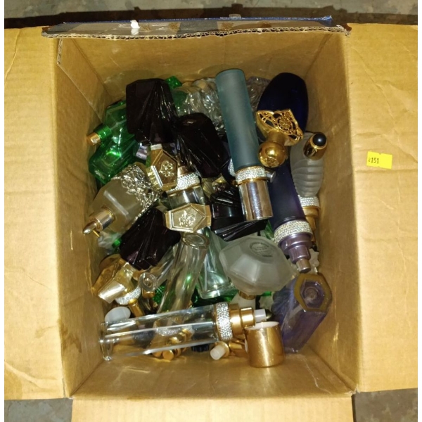 Box Full of Empty Perfume and Glass Bottles 