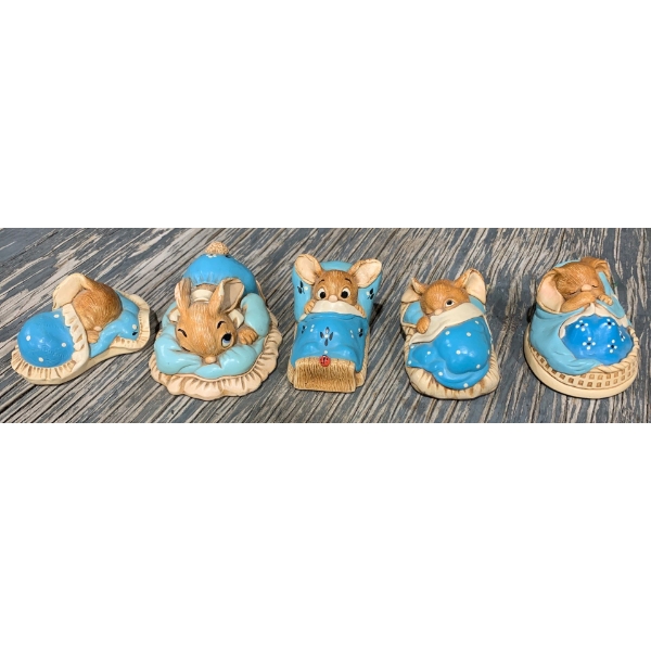 Pendelfin Sleeping Rabbits (Largest is 4" Long): 'Snuggles', 'Wakey', 'Peeps', 'Poppet', 'Dodger'