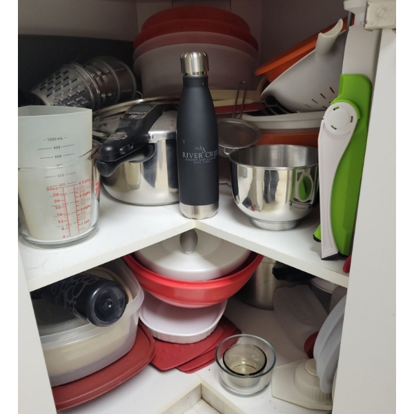 Corner Kitchen Cupboard Contents - Jam Packed !!