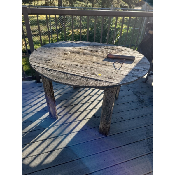 Wooden table (47W, 29T) with matching wooden box with garden accessories and shells 