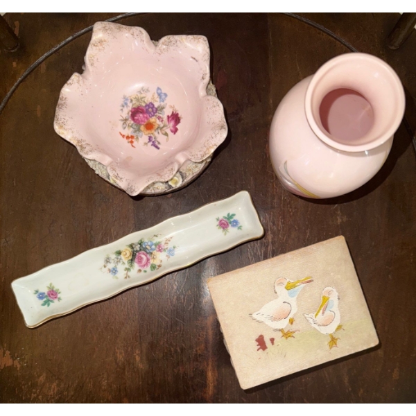 Porcelain  Trinket or Vanity Tray, Pink Vase, Birds on Box & More