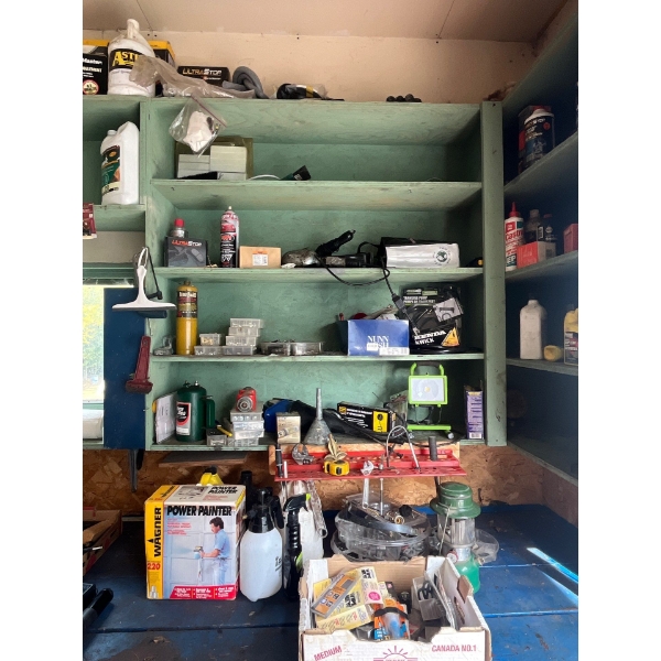 all contents of shelf includes several packages of screws and bolts number of torches funnels lights