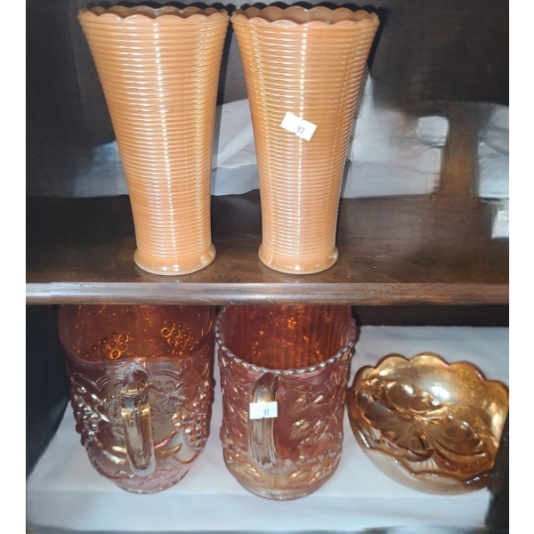 Vintage Glass: Pair of Vases 7 T,  Pair of Pitchers 7 T, Bowl 7" Diameter, and Serving Dish
