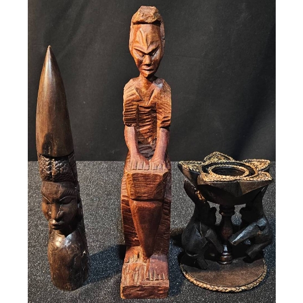 Trio of Hand-Carved Wooden Figurines With Detailed Craftsmanship