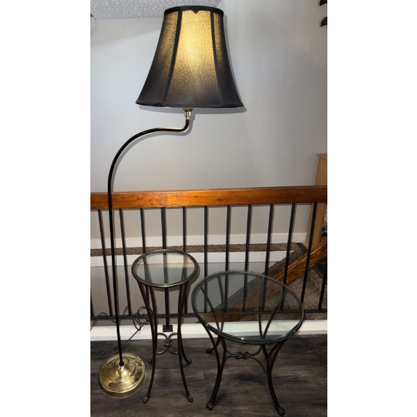 Retro Metal Based Glass Topped Side Tables W/ Black Lamp 61"tall