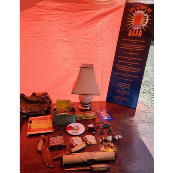 Glory of Beer Laminate 12 X36, Canvas Bag w/ Harley Patch, Table Lamp, Magnets, Knives and More!