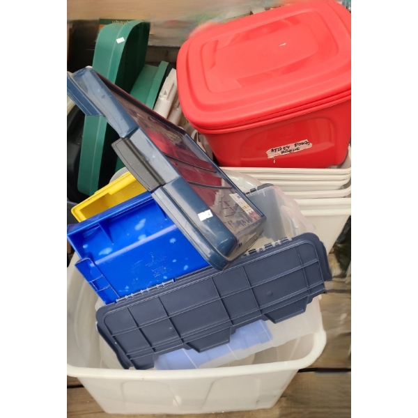 Assorted Utility Storage Bins and Lids- Largest Clear Bin/ Front of Photo: 27 W, 20 D, 18 T 