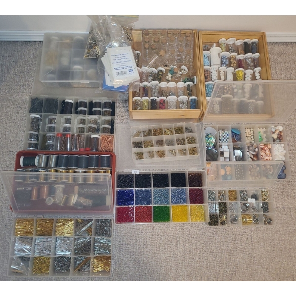 Assorted Craft Beads and Containers as Shown