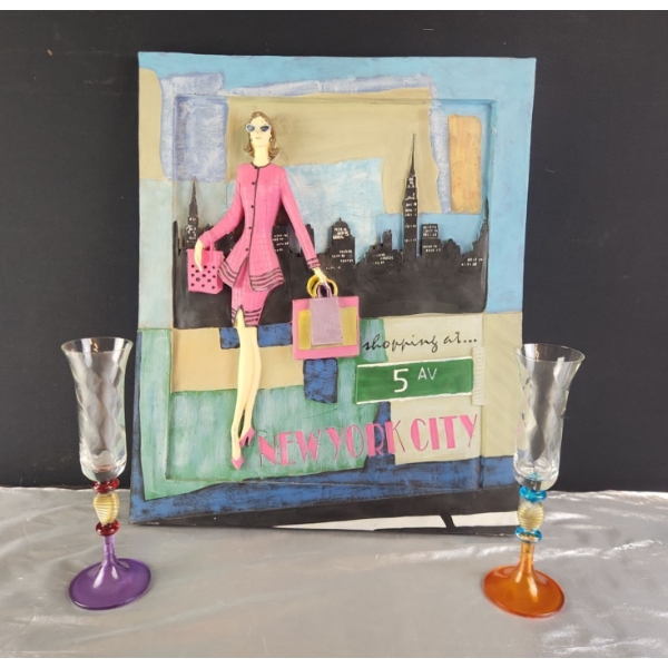Flirty "Shopping In New York" 3D Art Piece(19.5"W x 23.5"H) with a Pair of Fun Champagne Flutes