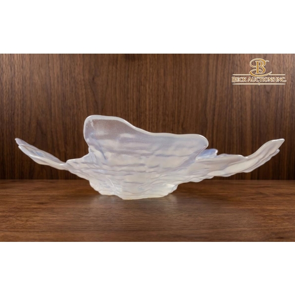 Vintage Organically Shaped Shallow Centerpiece Bowl Crafted White Iridescent Opalescent Art Glass