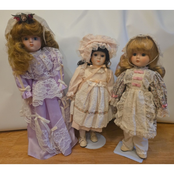 Porcelain Dolls: Vanessa in Lavender, Blush Pink Girl, Floral Innocence. Tallest is 19T
