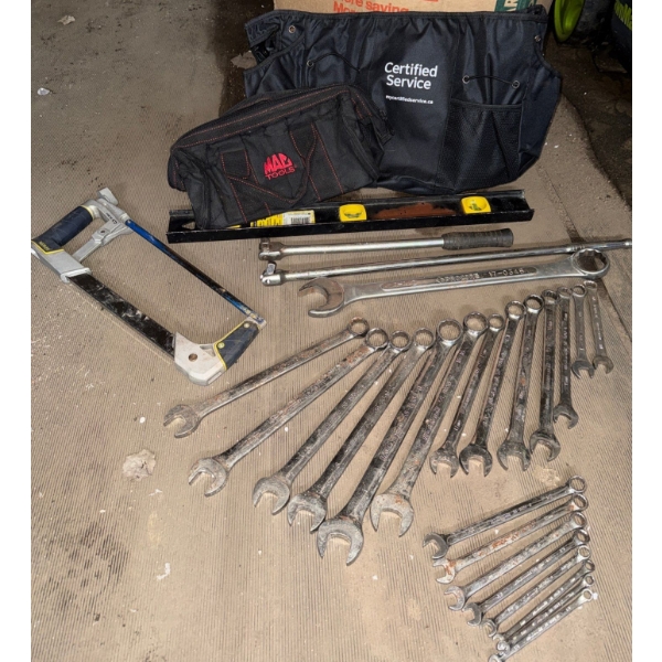 2 Tool bags w/ Assorted Wrenchs Handsaw & 2foot Level