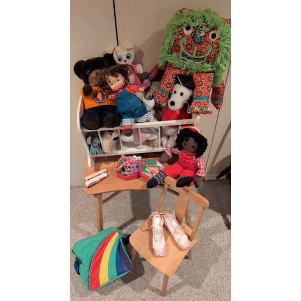 Collectibles Lot: Plush Toys, Vintage Items, and Wooden Furniture