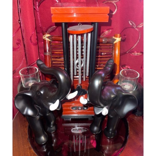 Battery Operated Wind Chime 21T w/ Black Elephant Candle Holders & Rattan Tray