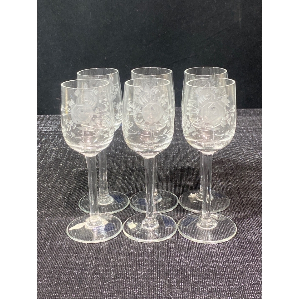  Crystal Clear Industries #2690 "Deco Rose" Etched Crystal Cordial Glasses