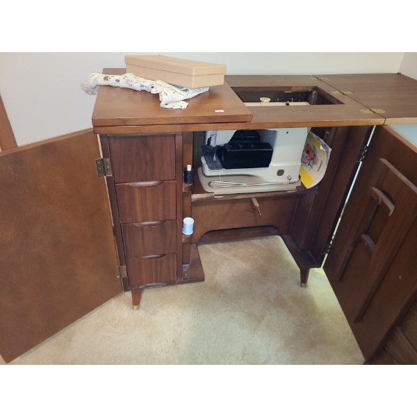 Elna Supermatic Sewing Machine w/ Sewing Cabinet 30 W, 17.5 D, 30 T (Top Closed), 60 W (Top Open)