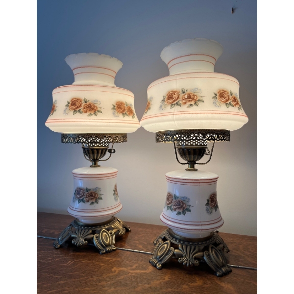 vintage set of Quoizel hurricane lamp with a floral design on milk glass. 21” Height with brass bott