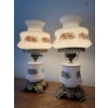 Image 1 : vintage set of Quoizel hurricane lamp with a floral design on milk glass. 21” Height with brass bott