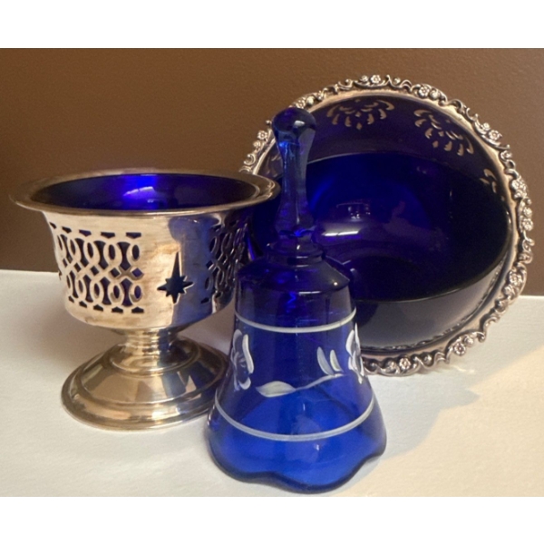 Vintage Cobalt Blue Glass Vessels w/ Intricate Silver Plated Overlay & Murano Glass Bell