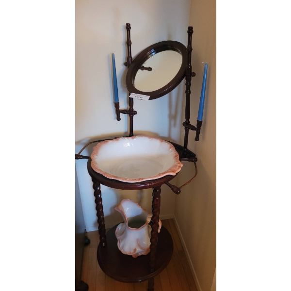 Wooden Washstand with Mirror, Ceramic Basin, Pitcher, and Candle Holders
