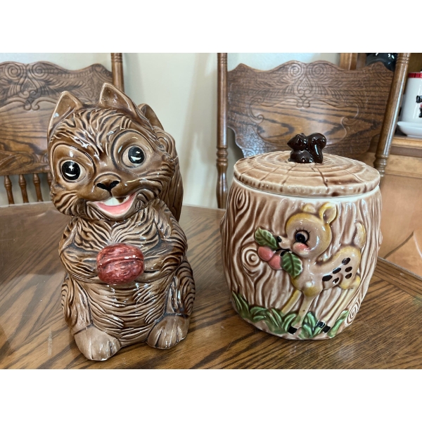 vintage squirrel and Bambi shaped cookie jars from the 1950s