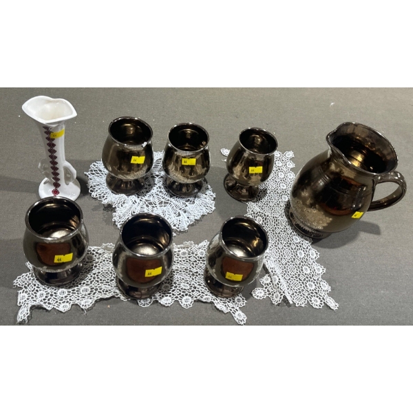 Prinknash Pottery Cups (One is Chipped) and Pot Set Plus Small Vase 