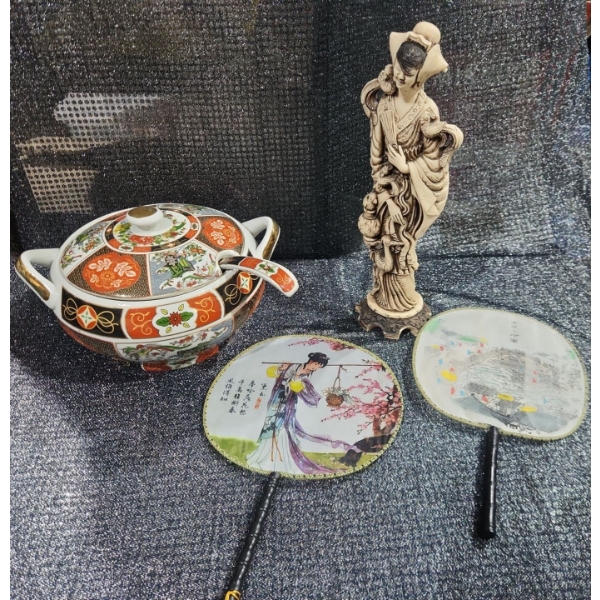 Japanese Porcelain Lidded Tureen & Ladle In The Imari Style, Chinese Ancient Hand Fan, And More.