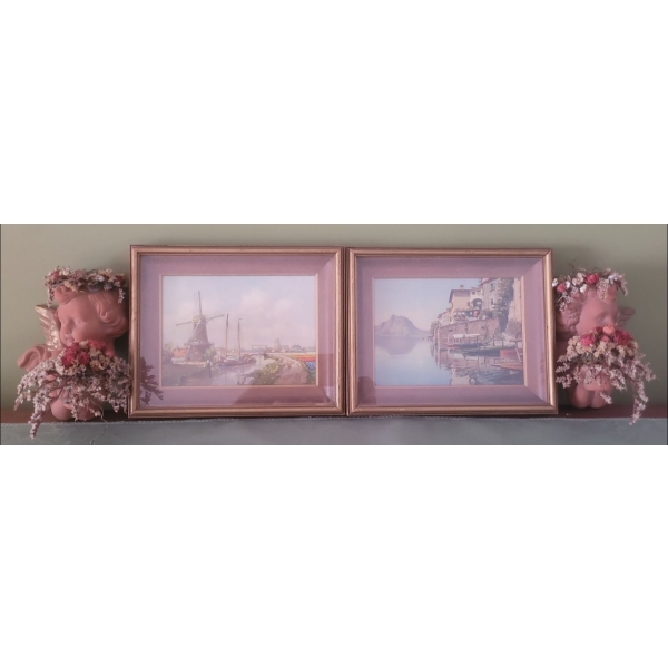 Various Prints w/ Lovely Wooden Frames (8x10 Each) & 2 Lovely Terracotta Cherub's  